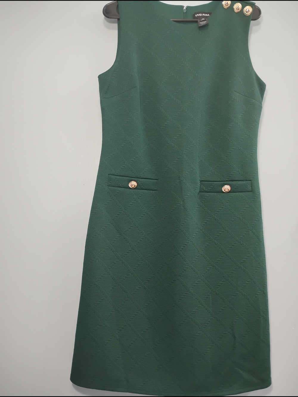 Vivid Aura Sleeveless Dark Green Midi Sheath Dress w/Gold Button Accents Size 10